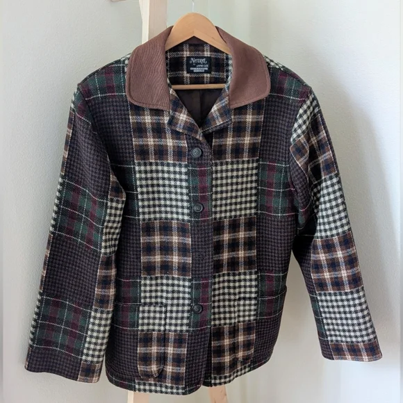 Vintage Wool Plaid Patchwork Button Up Jacket In Burgundy/Brown/Navy